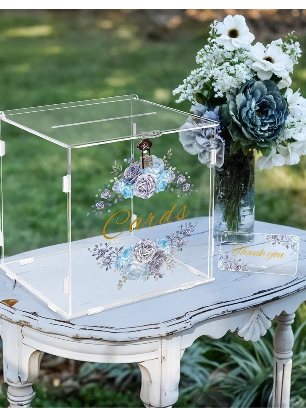 Acrylic Blue Floral Clear Card Box with Lock for Wedding, Graduation, Showers